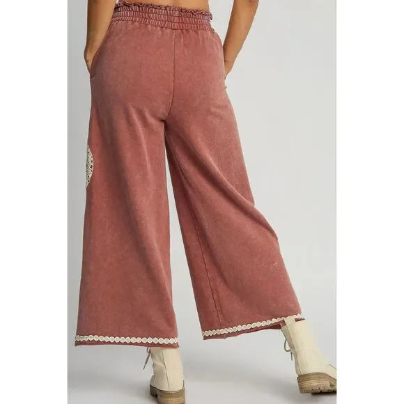 Umgee Full Size Peace Lace Applique Mineral Wash Wide Leg Pants Plus Size - Picture 2 of 3